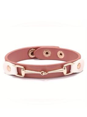Boutique NWT Pink and White Leather Horsebit Snap Bracelet